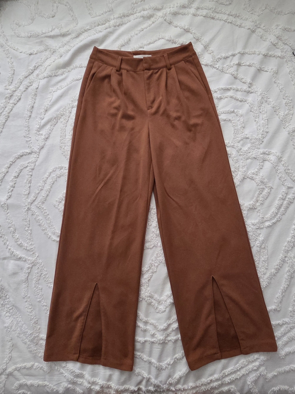 High-Rise Wide Leg Split-Hem Trousers in Chestnut